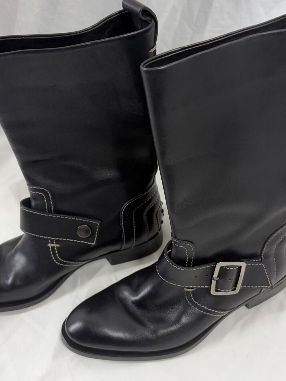 Y2K Tod's Black Italian Leather Mid-Calf Moto Biker Boots 7 with Buckle Detail